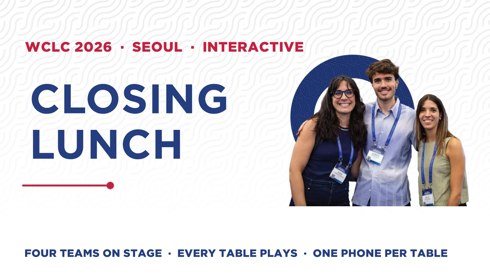 Quizslide WCLC 2026 Seoul: De opening: vier teams op het podium, elke tafel speelt mee