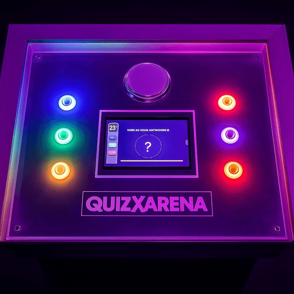 QuizX Arena desk met buzzers en scherm van dichtbij