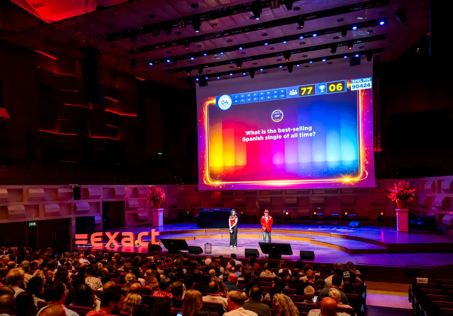 De Exact Day Quiz in de Grote Zaal van De Doelen in Rotterdam: een quizvraag op het grote scherm, twee hosts op het podium en een volle zaal collega's van Exact