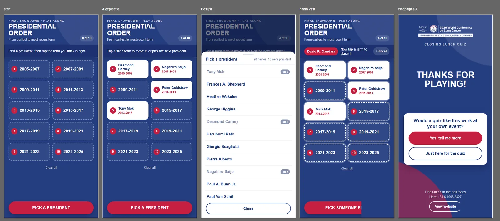 Vier schermen van de buzzer-app in WCLC 2026-huisstijl, met de meespeelpagina voor Presidential Order