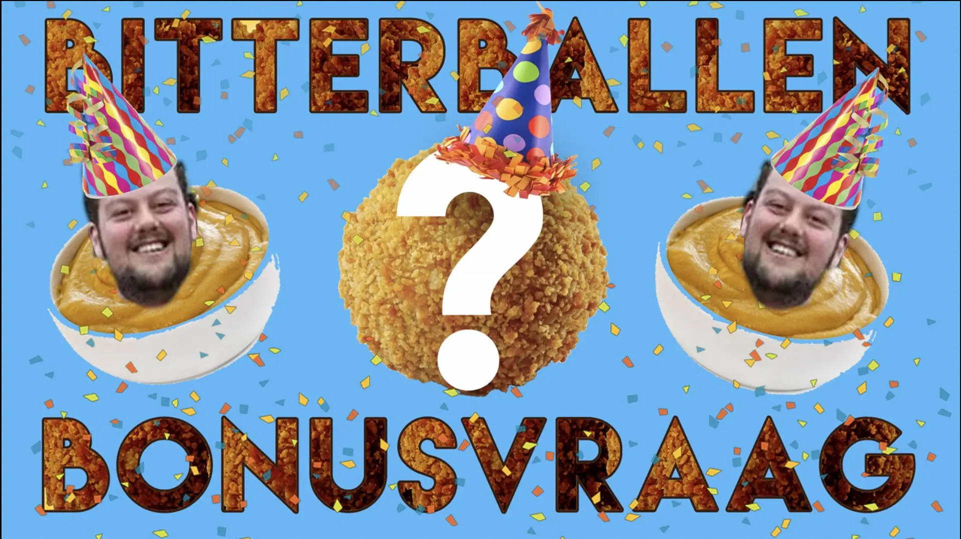 Feestelijke bitterballen bonusvraag afbeelding met confetti en humoristische elementen, ideaal voor pubquiz of quizx-context.