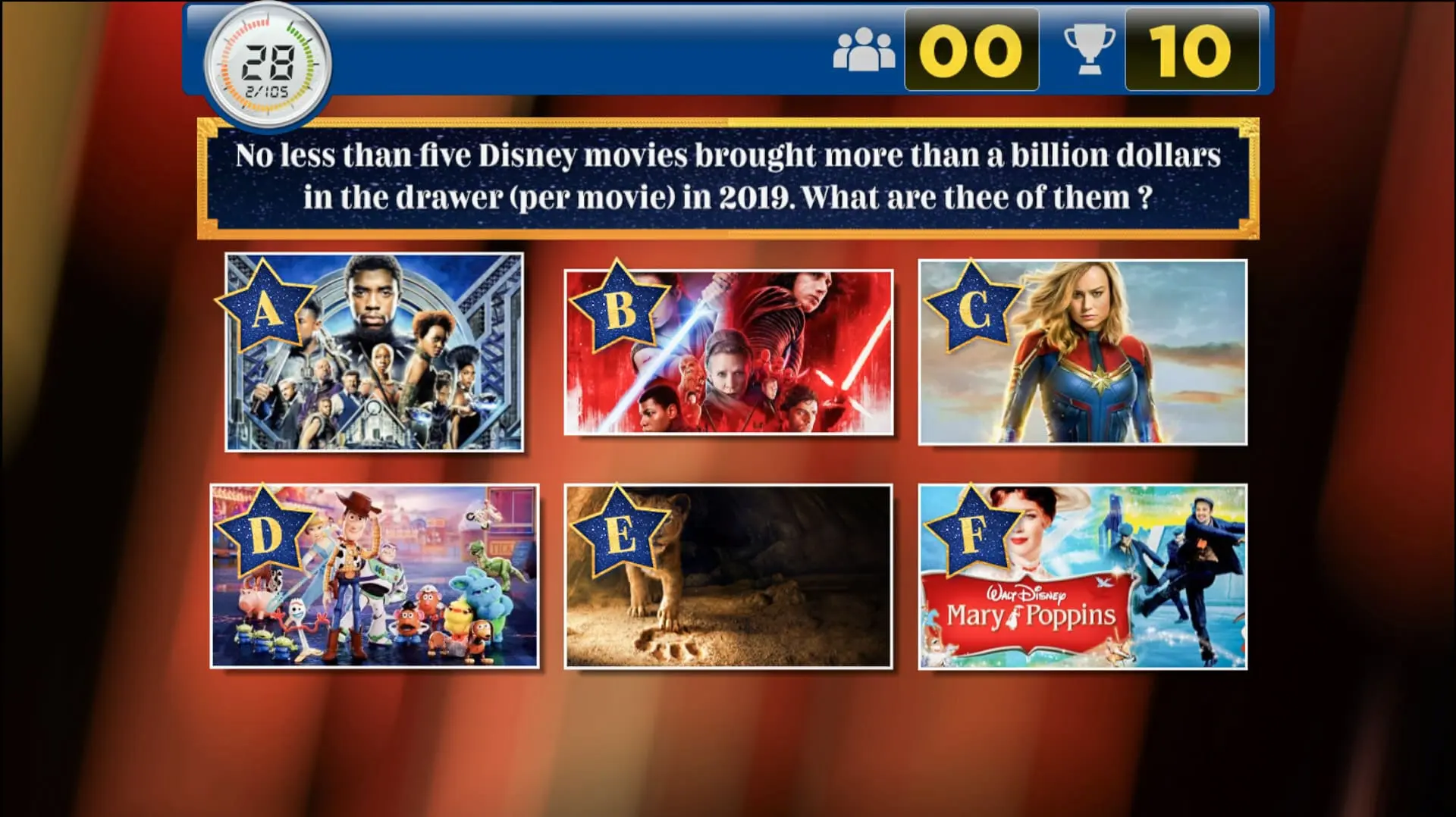 Quizvraag over Disney-films die in 2019 meer dan een miljard dollar hebben opgebracht, met zes filmopties.