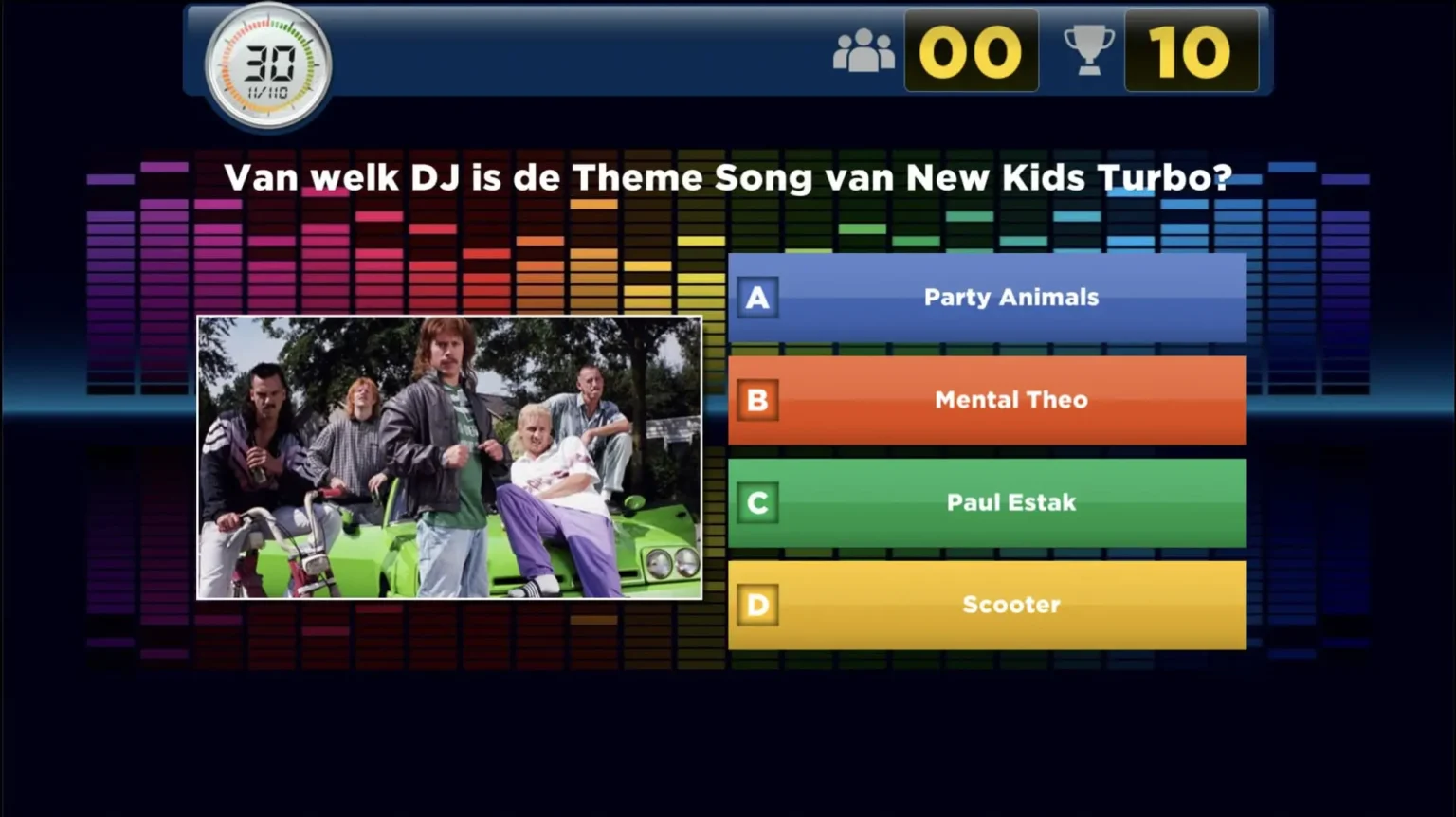 Quizvraag over DJ van New Kids Turbo theme song met antwoordkeuzes.