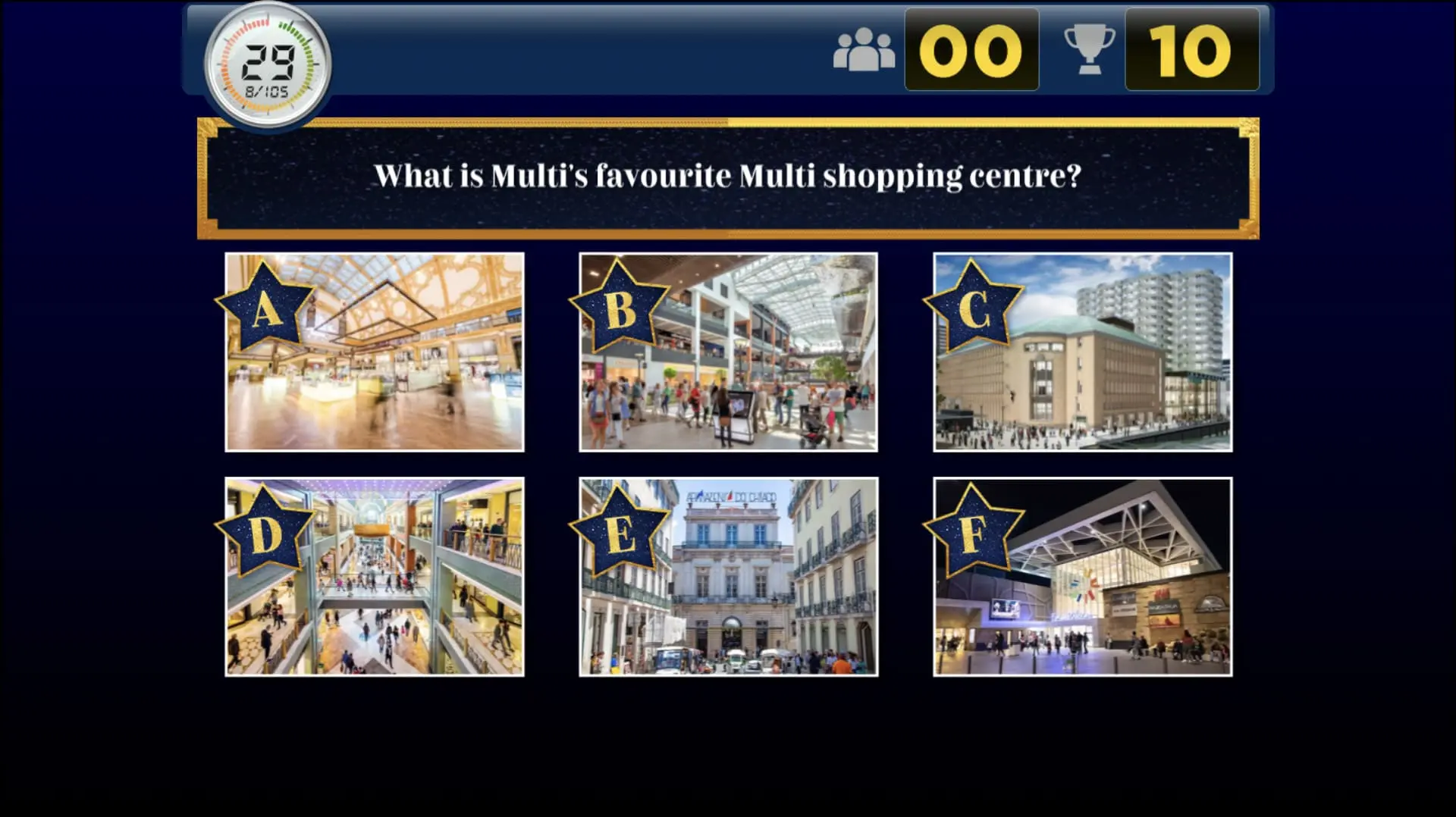 Afbeelding met zes foto's van winkelcentra voor een quizvraag: 'Which shopping mall is Multi's biggest?', samen met een scorebord en timer. Ideaal voor pubquiz of quizx over architectuur.