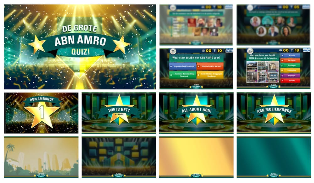 Feestelijke ABN AMRO gepersonaliseerde pubquiz met verschillende quizrondes in levendige kleuren.