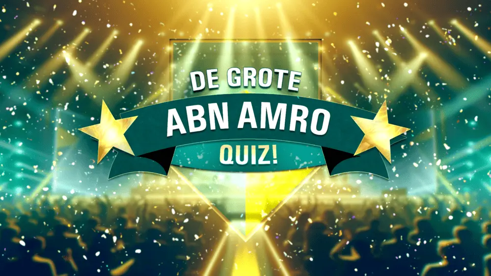 Feestelijke ABN AMRO gepersonaliseerde pubquiz met verschillende quizrondes in levendige kleuren.