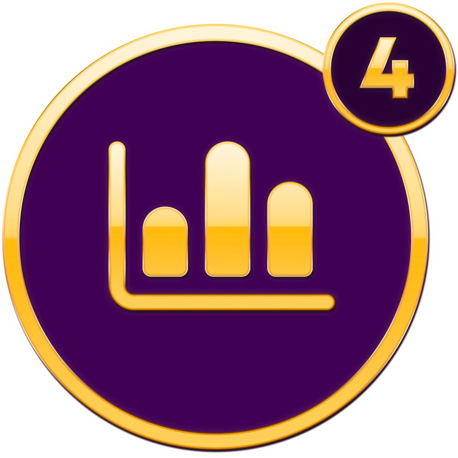 Premium gouden pictogram met grafiek en nummer vier op paarse achtergrond, geassocieerd met iconen quizx goud.