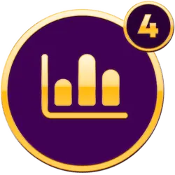Premium gouden pictogram met grafiek en nummer vier op paarse achtergrond, geassocieerd met iconen quizx goud.
