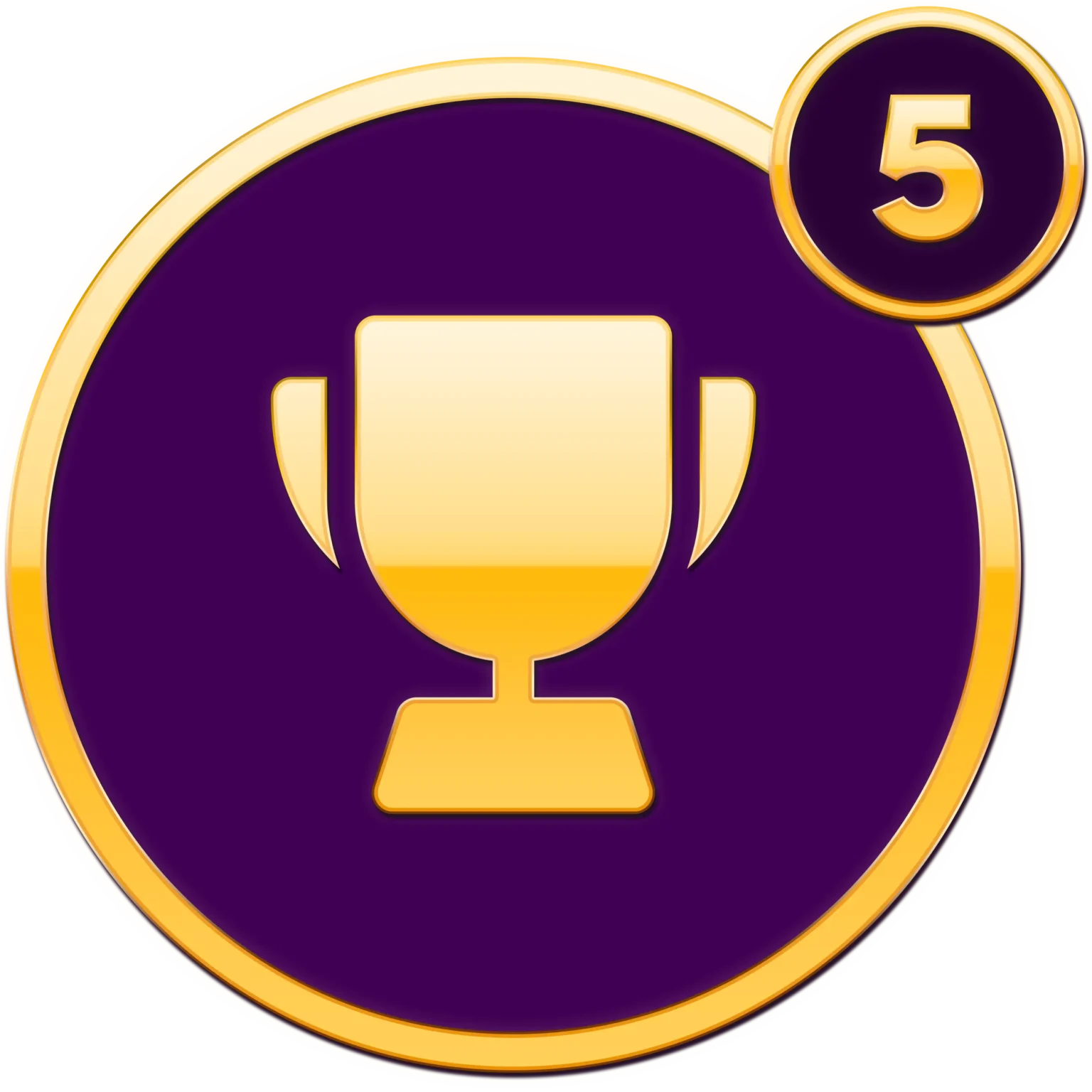 Iconen Quizx Gouden Trofee Embleem met Paarse Achtergrond en Niveau Vijf Nummer - Prestatiesymbool.