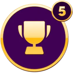 Iconen Quizx Gouden Trofee Embleem met Paarse Achtergrond en Niveau Vijf Nummer - Prestatiesymbool.