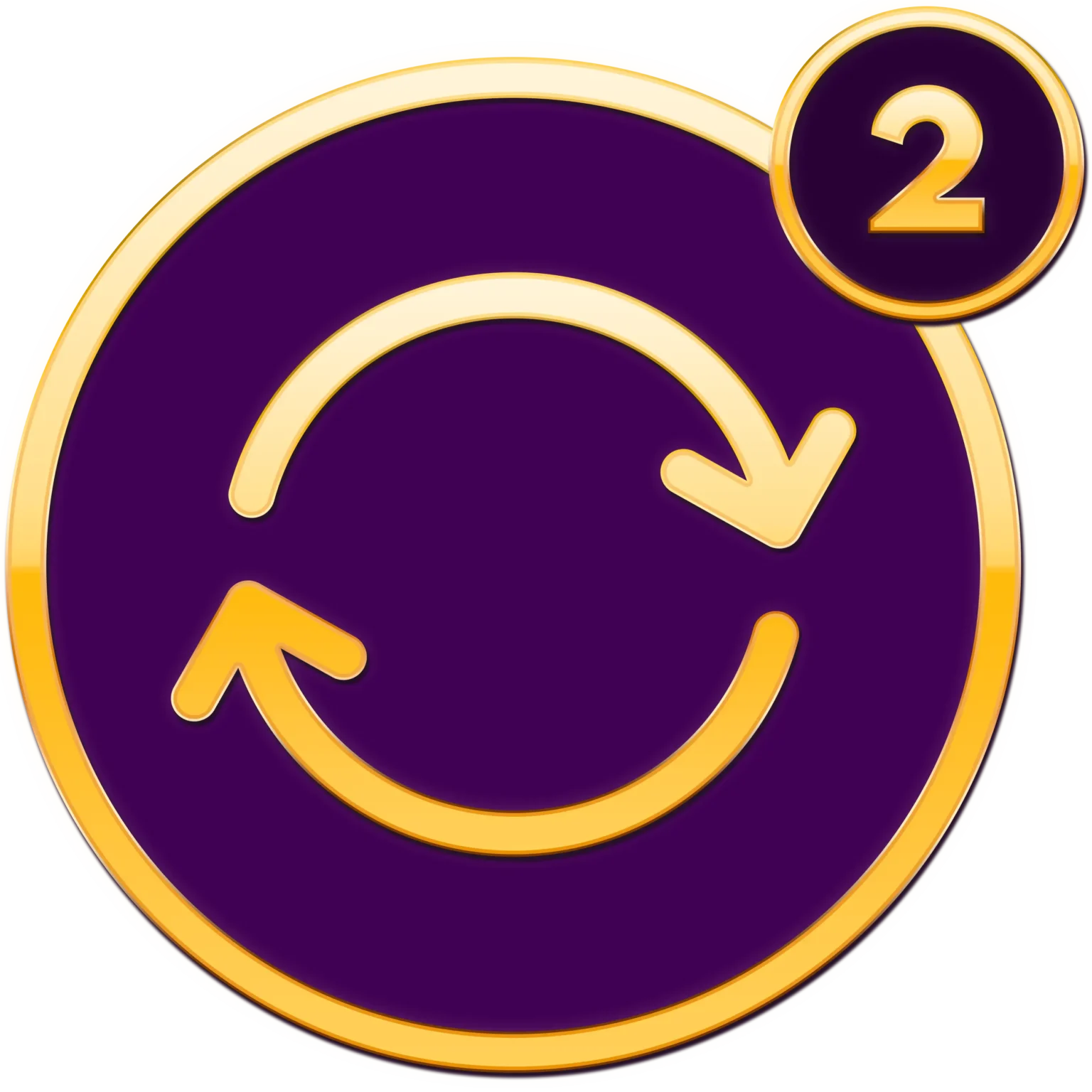 Cirkelvormig paars en goud icoon met twee pijlen in een lus en nummer twee rechtsboven, onderdeel van iconen quizx goud.