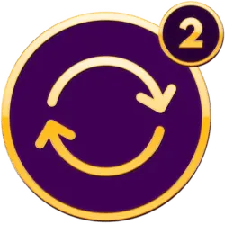 Cirkelvormig paars en goud icoon met twee pijlen in een lus en nummer twee rechtsboven, onderdeel van iconen quizx goud.