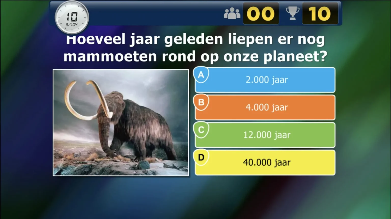 Quizvraag over het uitsterven van mammoeten met antwoordopties in verschillende kleuren, ideaal voor pubquiz en educatieve doeleinden. Context: quizvragen pubquiz quizx.