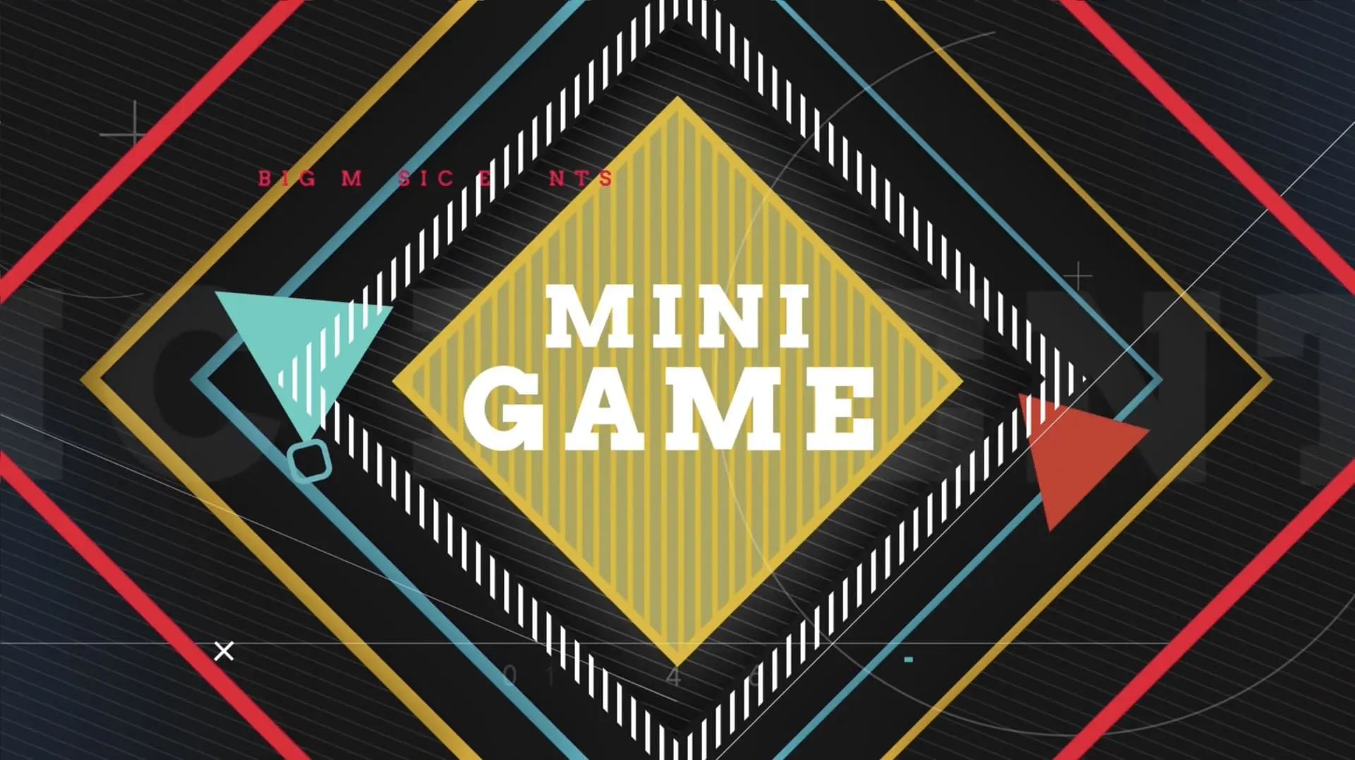 Geometrisch ontwerp met 'MINI GAME' in een geel vierkant, kleurrijke lijnen.