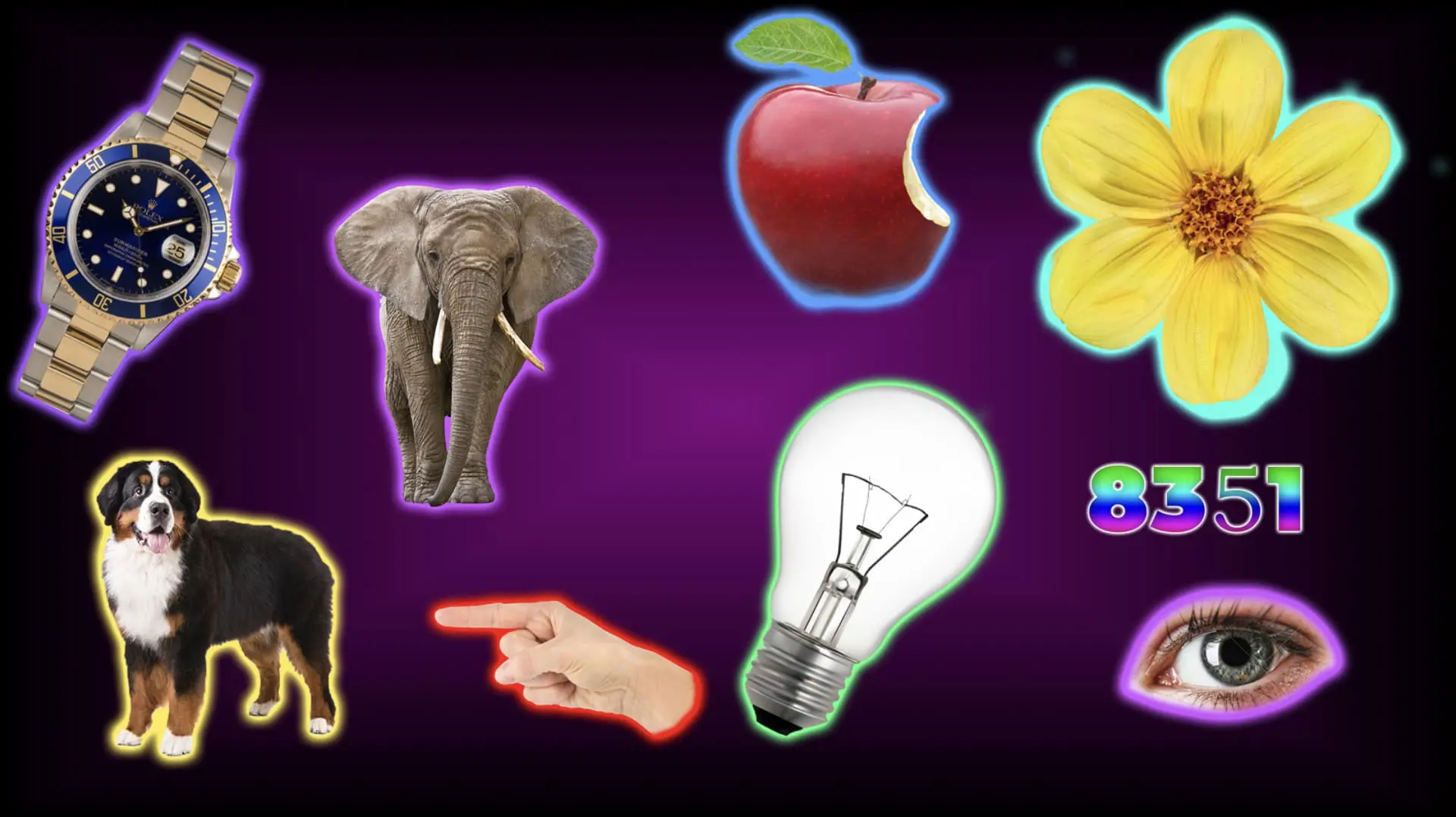 Collage van diverse objecten zoals een horloge, olifant, appel, bloem en meer op een paarse achtergrond, ideaal voor quizvragen in een pubquiz. Afbeelding met quizx thema.
