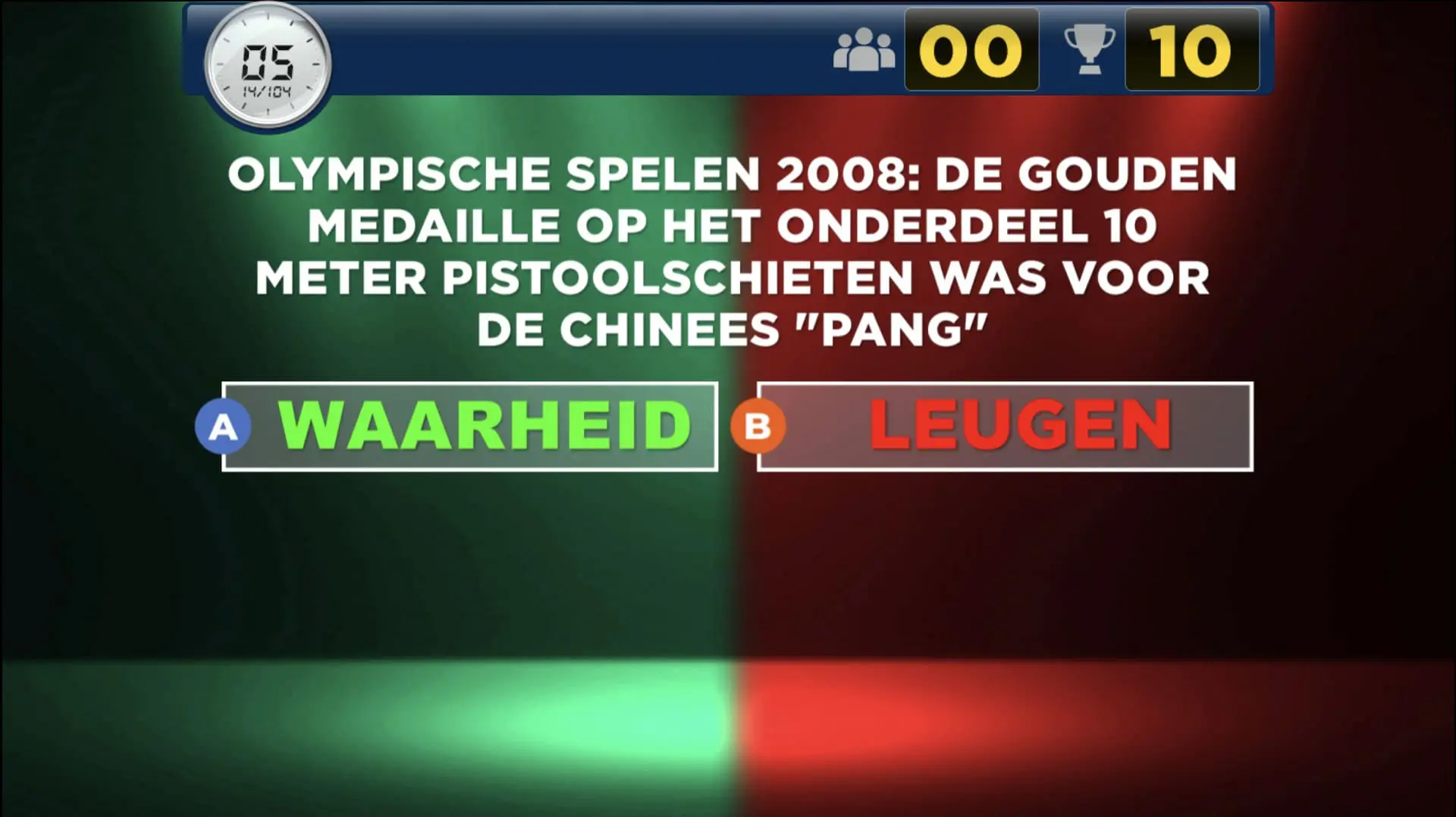 Afbeelding van een quizvraag over de Olympische Spelen 2008 met opties Waarheid of Leugen. Geschikt voor quizvragen in een pubquiz of spelshow bij QuizX.