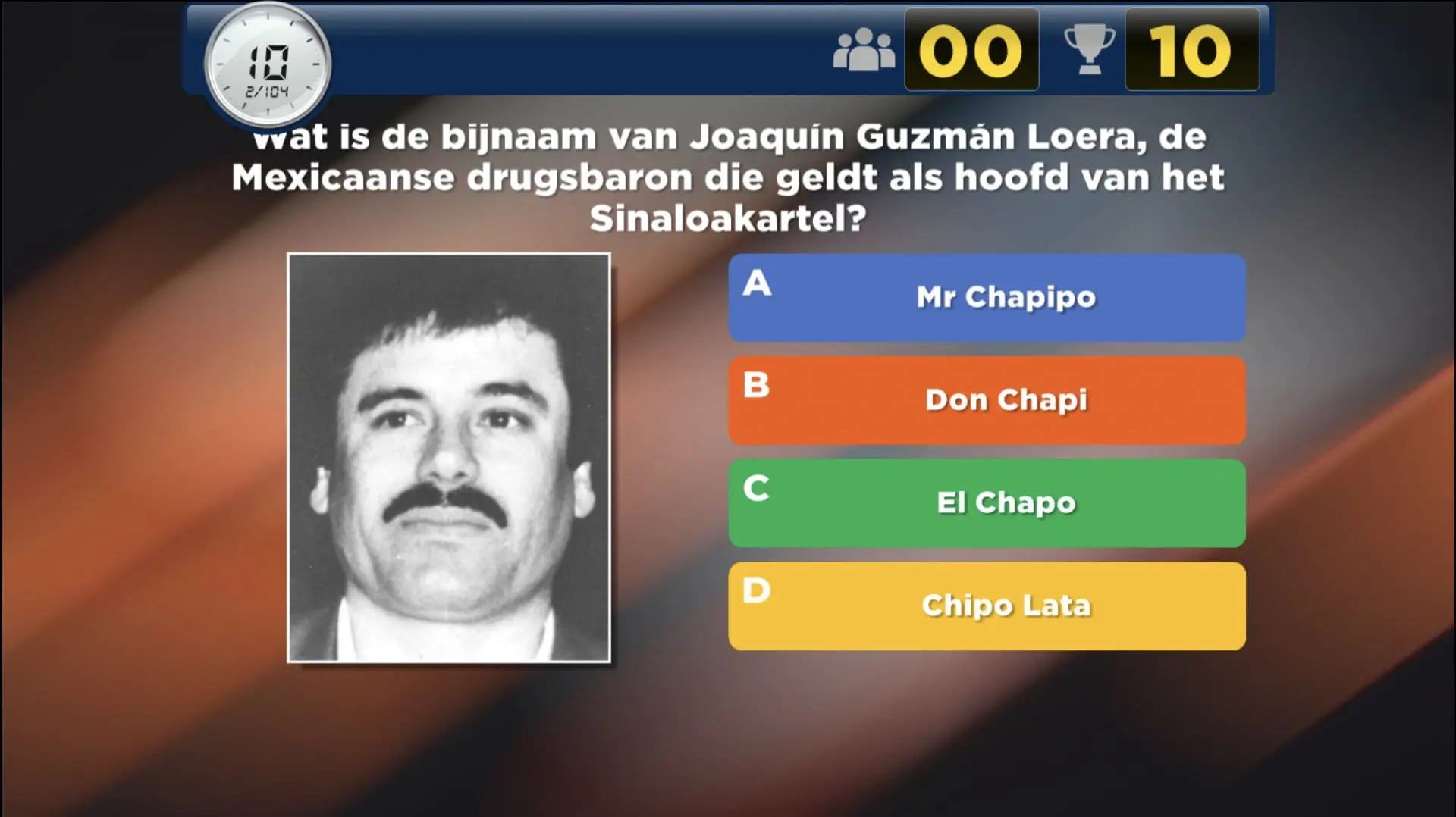 Quizvraag over de bijnaam van een Mexicaanse drugsbaron met meerkeuzeopties voor pubquiz en quizx.