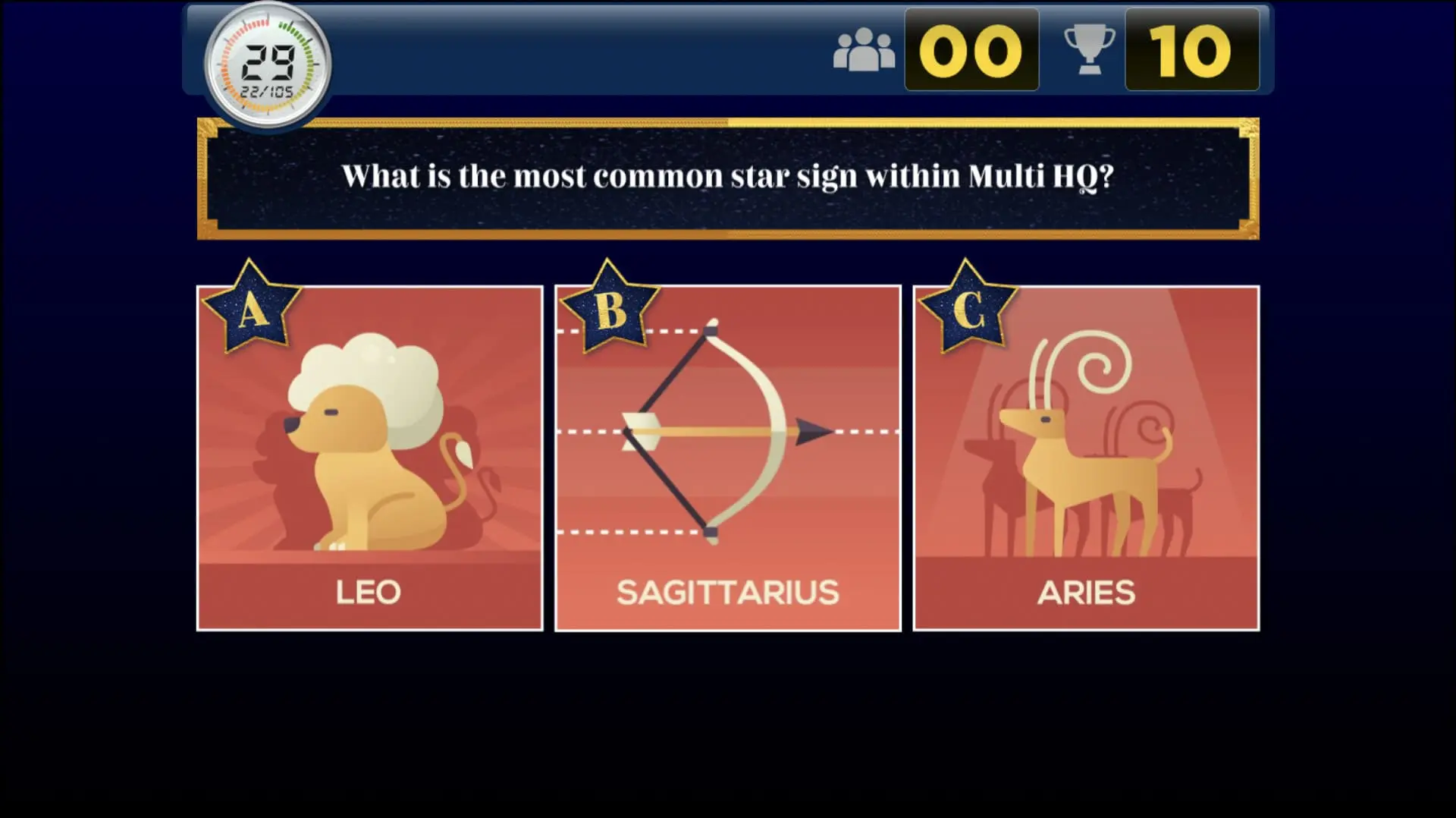 Afbeelding van een pubquizvraag met sterrenbeelden Leo, Sagittarius en Aries in een kleurrijke illustratie. Gebruik in quizvragen en quizx-activiteiten.