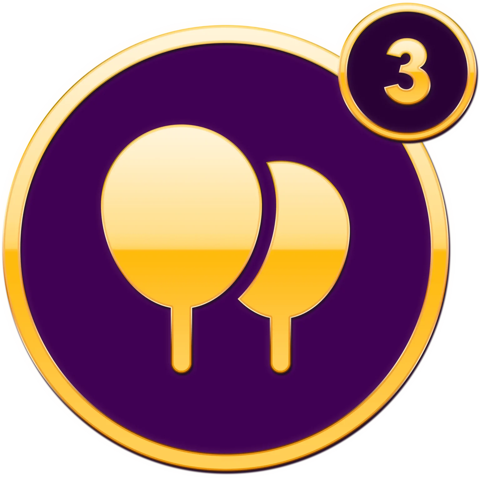 Uitdagingenicoon met gouden tafeltennisbatjes op een paarse achtergrond en goudkleurig cijfer drie, ideaal voor iconen quiz en sportapplicaties.