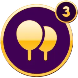 Uitdagingenicoon met gouden tafeltennisbatjes op een paarse achtergrond en goudkleurig cijfer drie, ideaal voor iconen quiz en sportapplicaties.