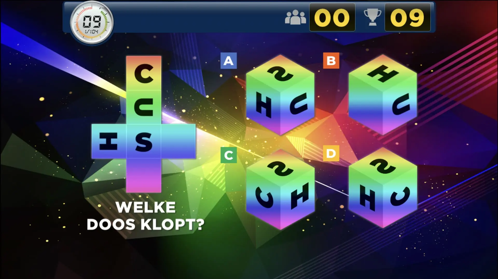 Visuele puzzel met kleurrijke kubussen en de vraag 'Welke doos klopt?' ideaal voor quizvragen en pubquiz.